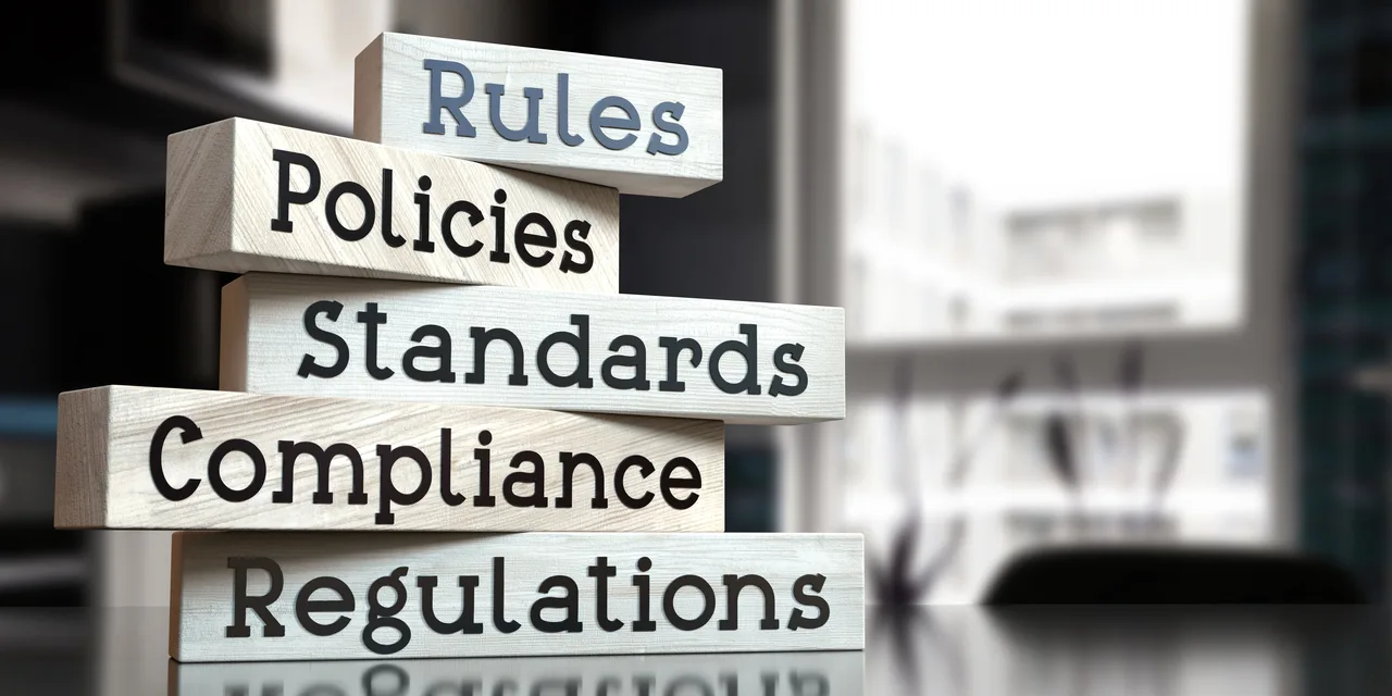Blocks labeled rules, policies, standards, compliance, and regulations