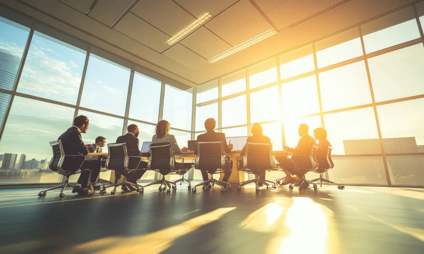 A leadership meeting in a sunlit conference room