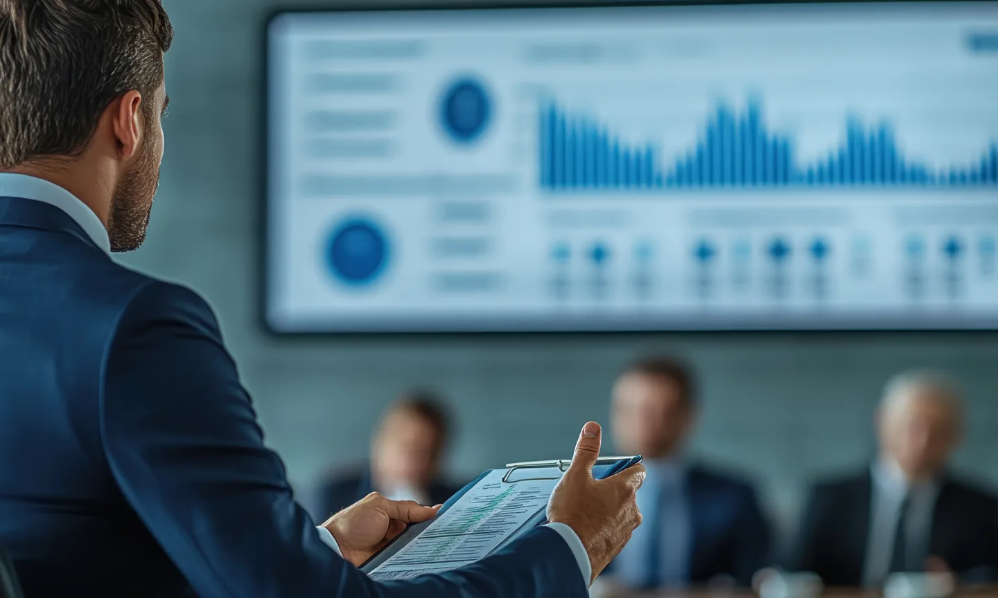 A presenter discussing financial charts with a leadership team