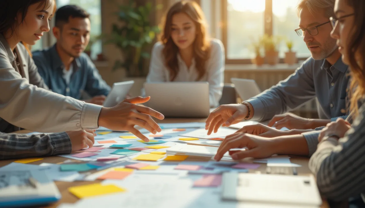 Colleagues developing a plan around a table of colorful notes