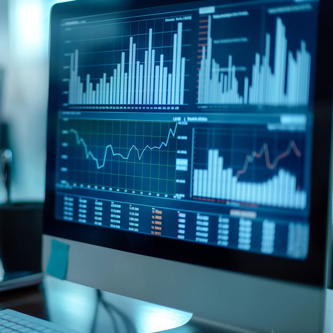 Financial reports and charts on a desktop monitor