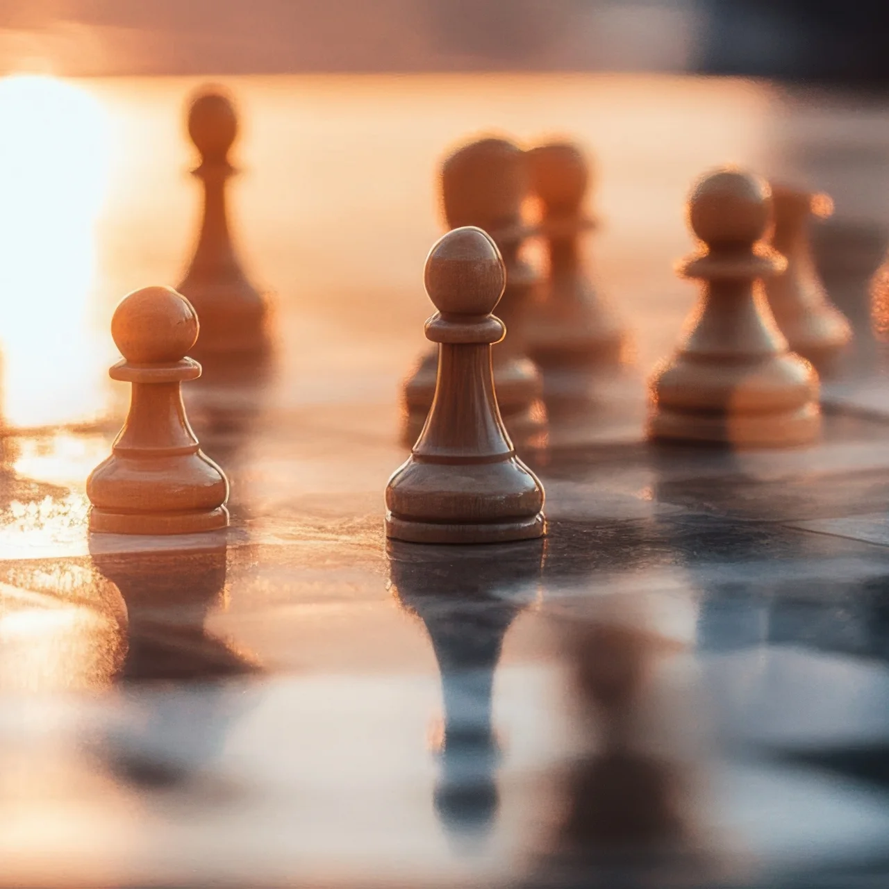 Chess pieces arranged on a sunlit board